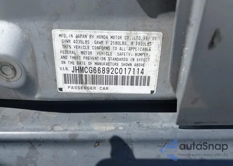 2002 Honda Accord 2.3 Ex/2.3 Se from USA, damaged, VIN JHMCG66892C017114